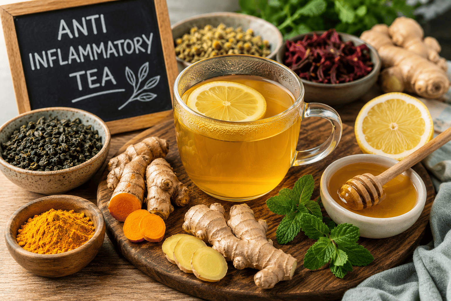 Glass mug of anti inflammatory tea with fresh turmeric, ginger, and herbal ingredients on a wooden table.