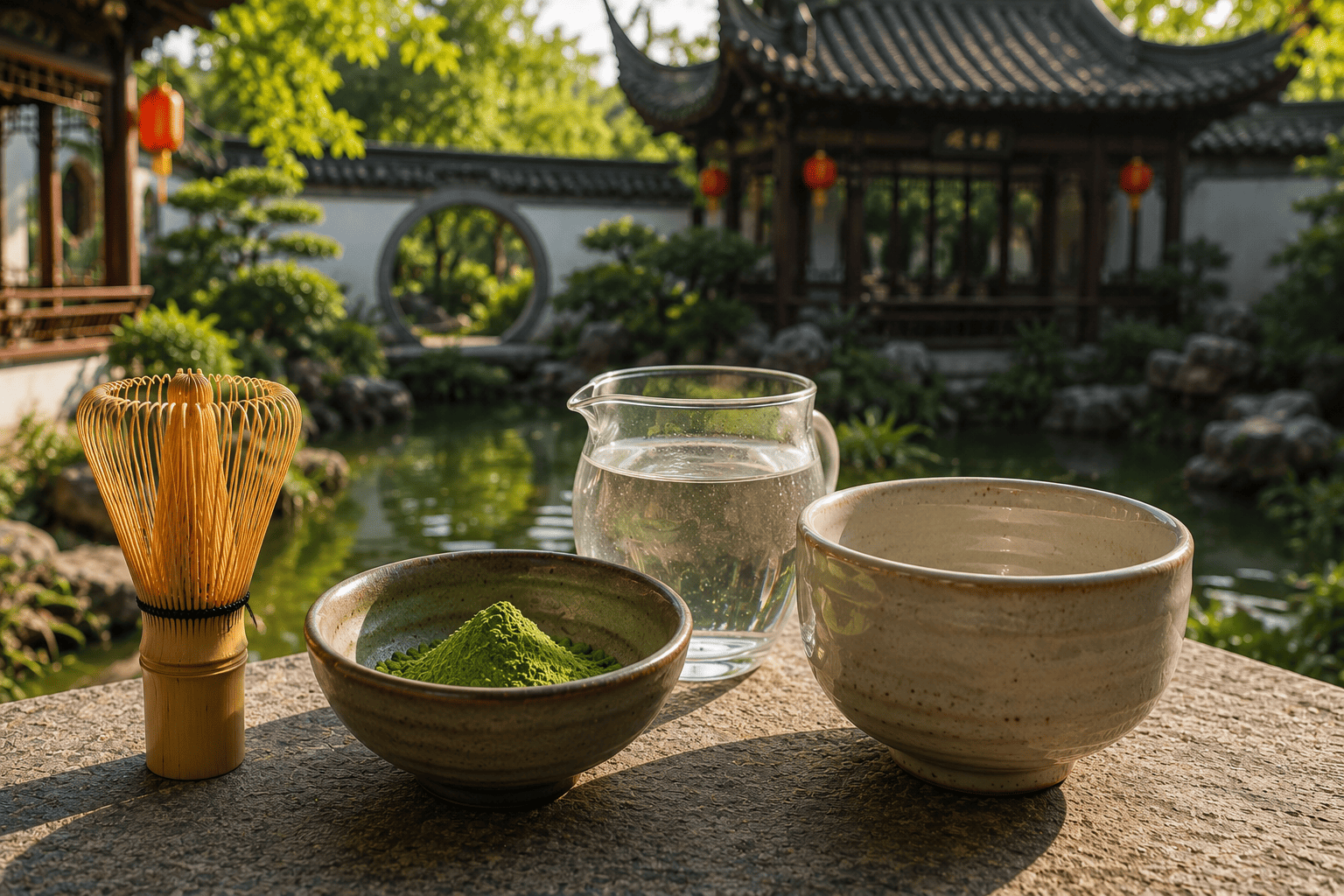 Ceremonial matcha powder with a bamboo whisk, ceramic tea bowl, and water pitcher in a traditional Chinese garden.