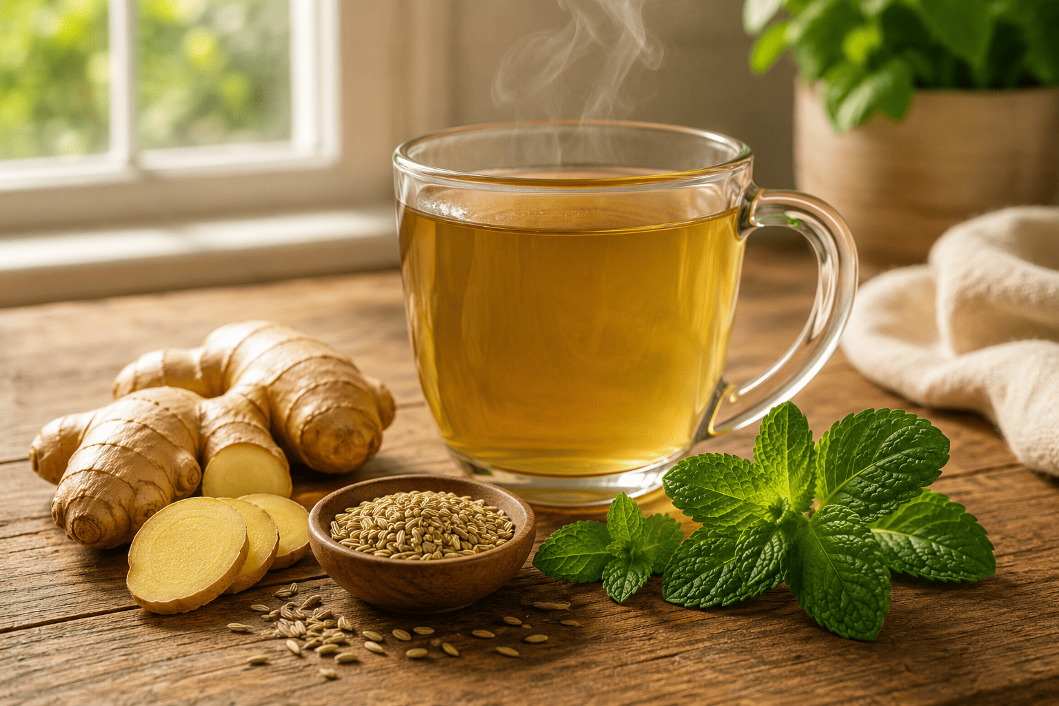 Glass mug of herbal tea with ginger, fennel seeds, and peppermint leaves on a wooden table.