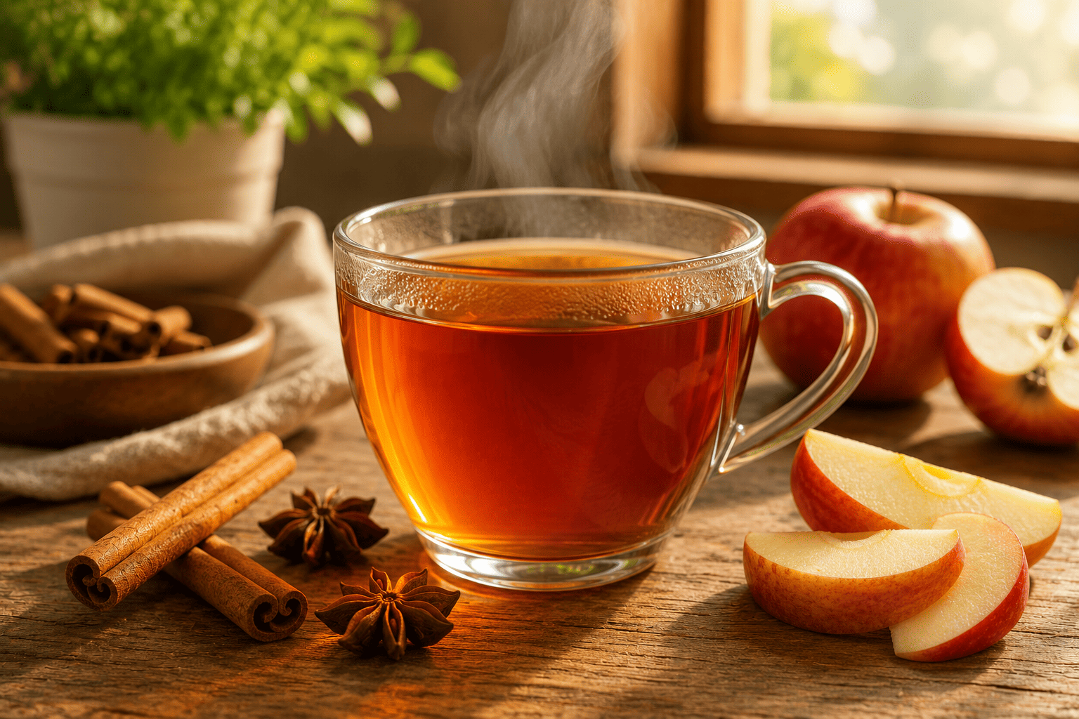 Glass mug of cinnamon tea with cinnamon sticks and fresh apple slices on a wooden table.