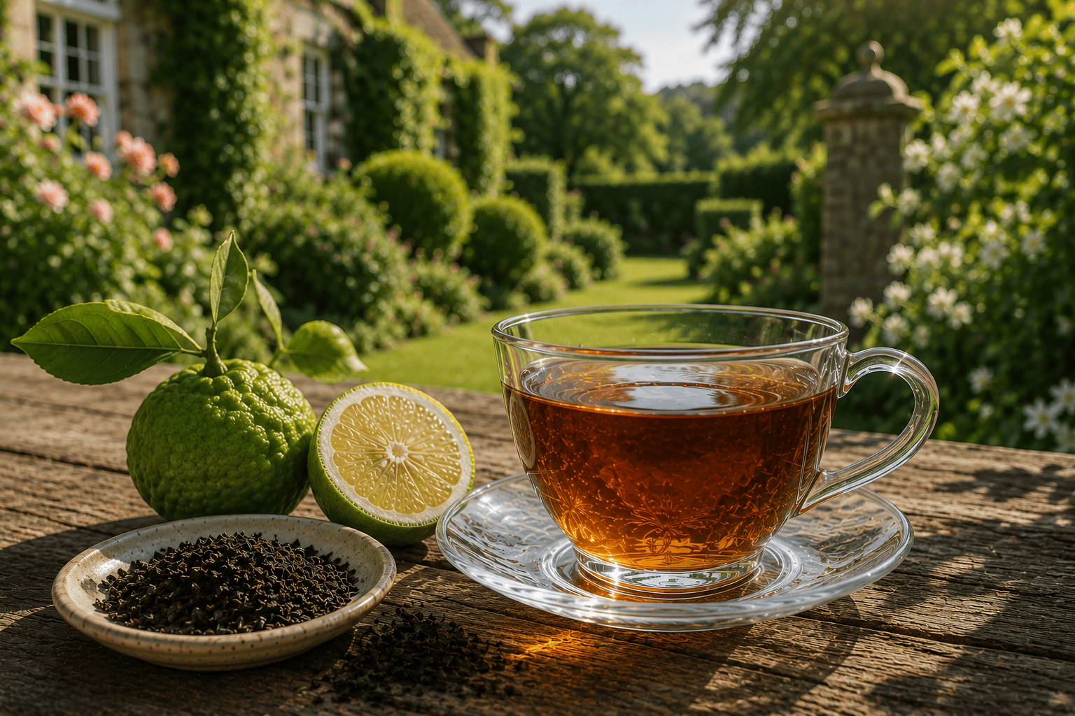 Glass cup of Earl Grey tea with loose black tea leaves and fresh bergamot oranges in an English garden.