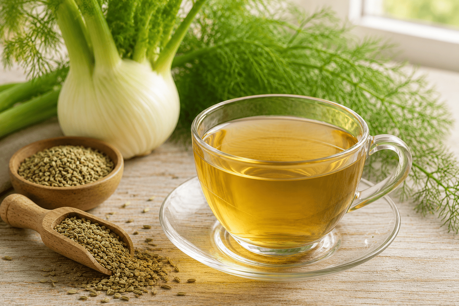 Glass cup of fennel tea with loose fennel seeds and fresh fennel on a wooden table.