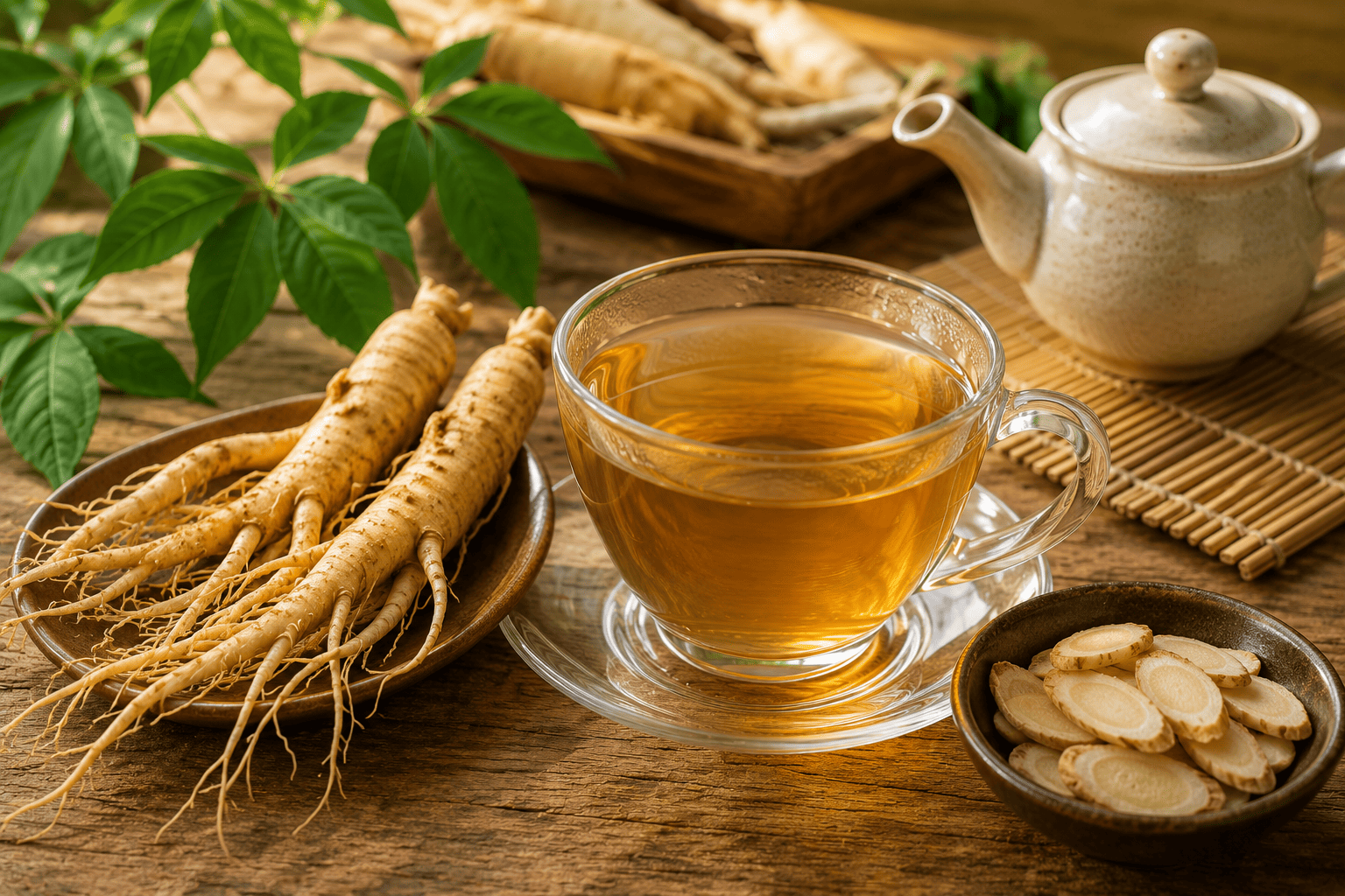 Glass cup of ginseng tea with fresh ginseng roots and sliced ginseng on a wooden table.