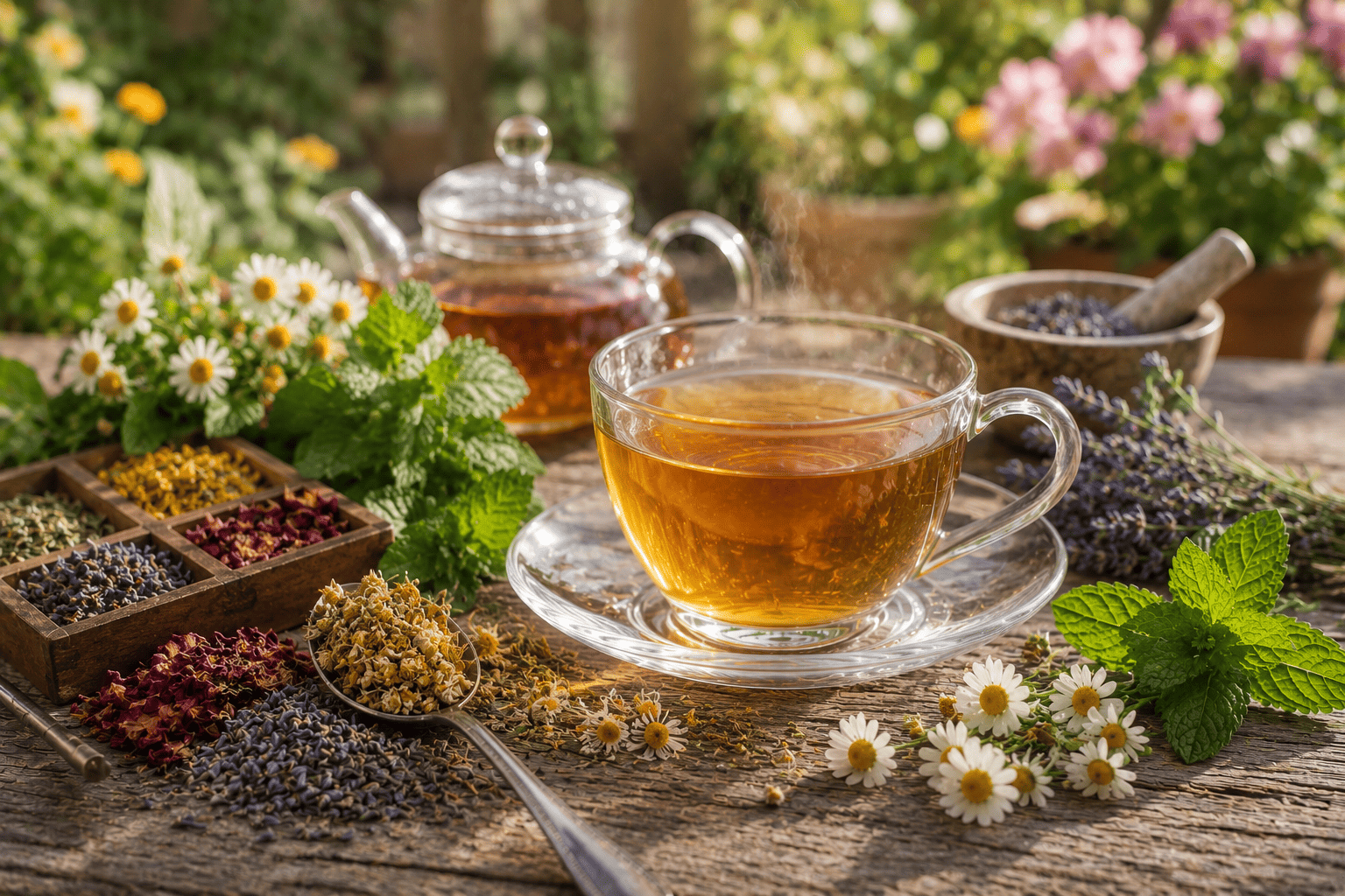 Glass cup of herbal tea surrounded by chamomile flowers, mint leaves, lavender, and dried herbs on a rustic wooden table.
