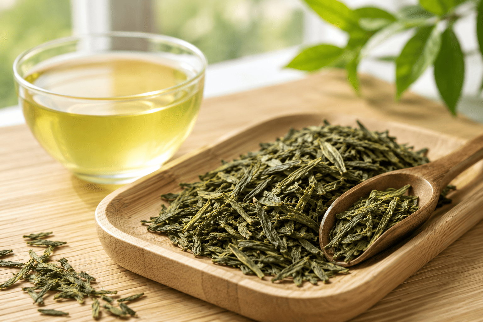 Loose leaf green tea leaves beside a glass cup of freshly brewed green tea.