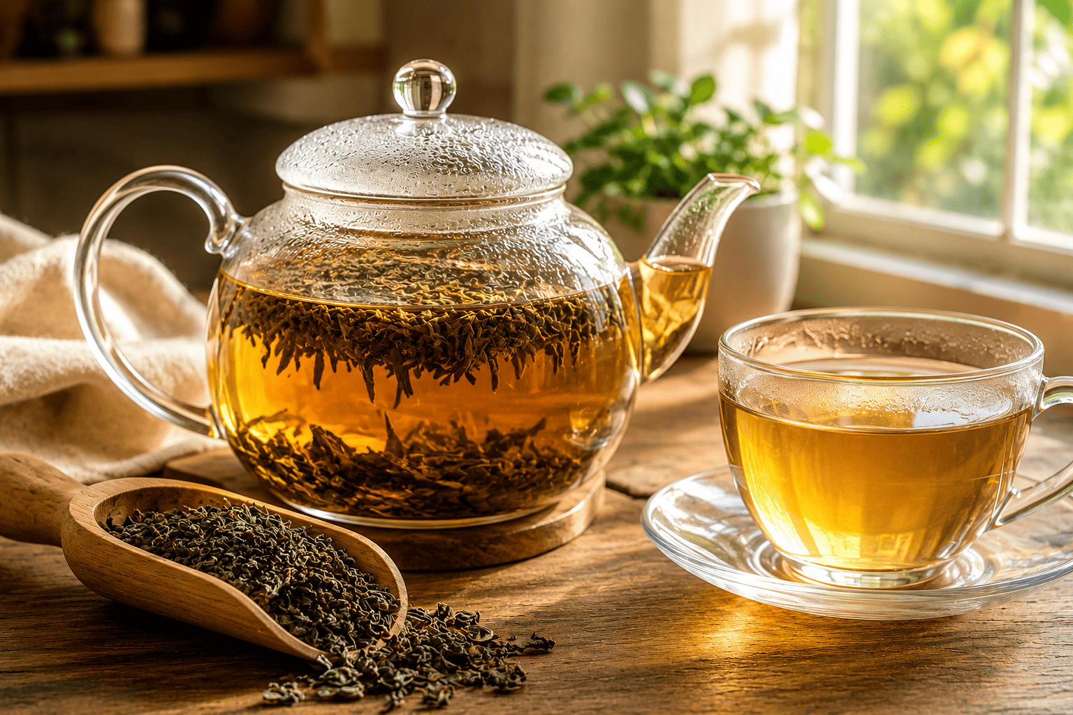 Glass teapot with loose tea leaves steeping beside a cup of freshly brewed tea.